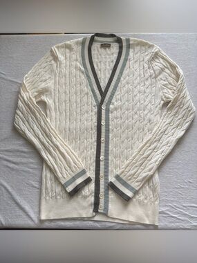 Stenströms 100% Merino Wool Cable Knit Cardigan Ivory Green Trim M